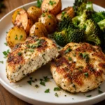 Juicy cottage cheese chicken patties served with roasted baby potatoes and broccoli on a white plate.