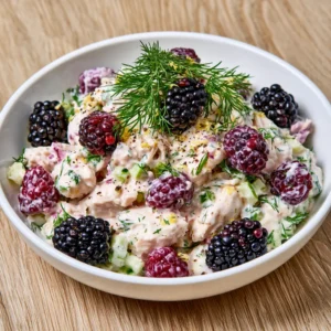 Low Carb Blackberry Cottage Cheese Chicken Salad made with shredded chicken, creamy cottage cheese, fresh blackberries, celery, and dill served in a white bowl.