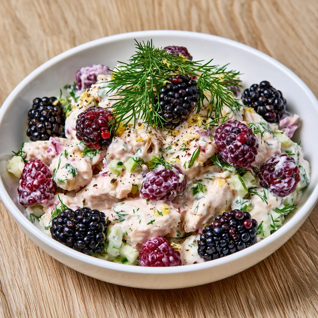 Low Carb Blackberry Cottage Cheese Chicken Salad made with shredded chicken, creamy cottage cheese, fresh blackberries, celery, and dill served in a white bowl.